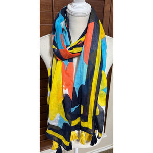 Large Lightweight Scarf abstract floral tasseled navy blue yellow orange